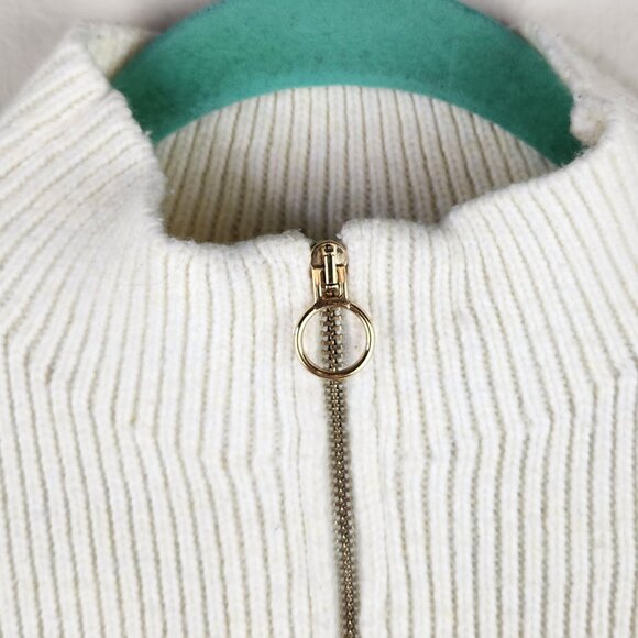 Talbots Cream Gray Colorblock Striped Ribbed Zip Collar Sweater sz S - Picture 7 of 9